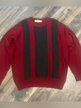 Norm Thompson Vintage Mens Large Wine Wool Blend Crewneck Sweater Black Panel